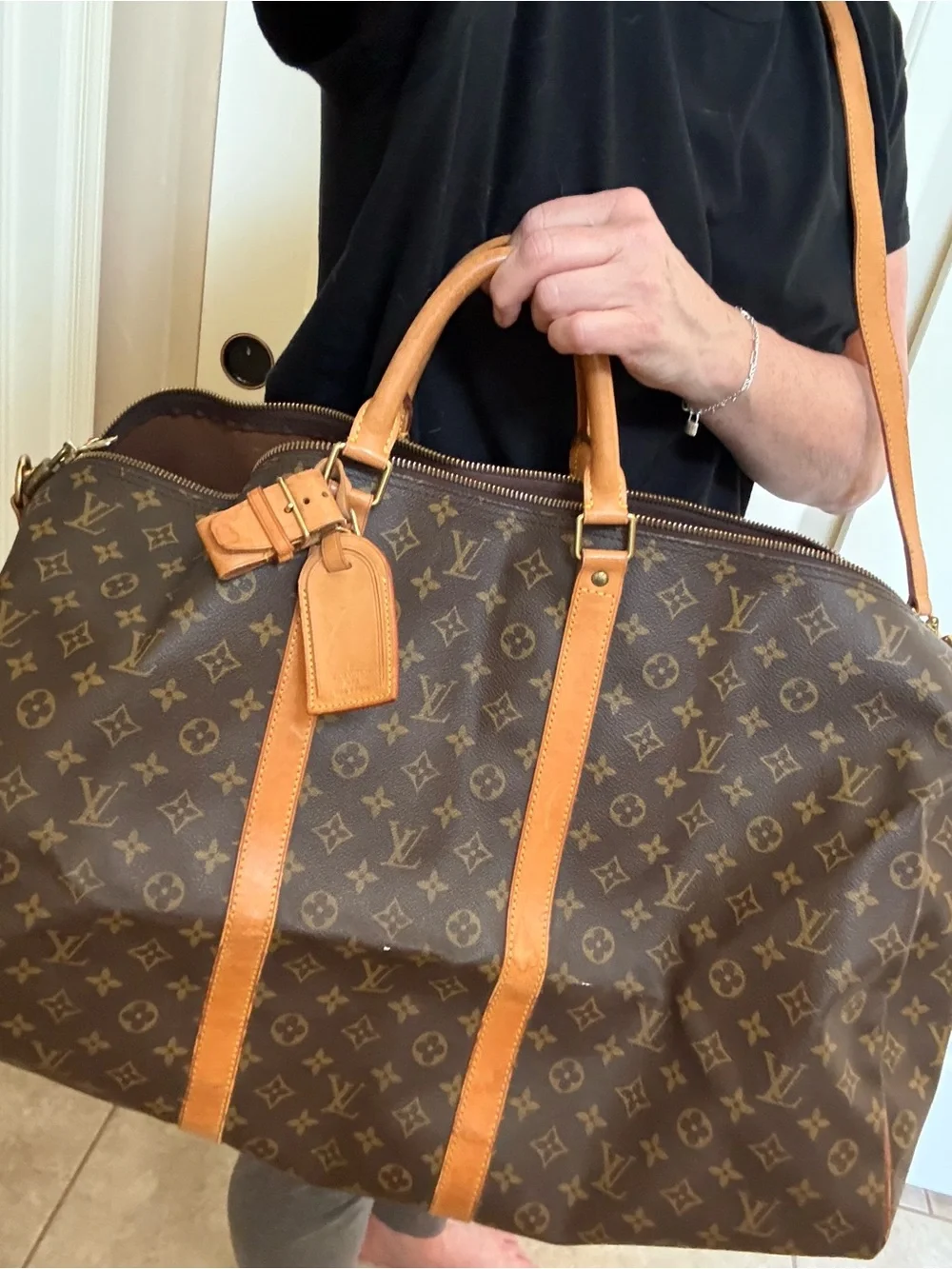 Louis Vuitton Brown Monogram Keepall Travel Duffel - Tan Leather Trim